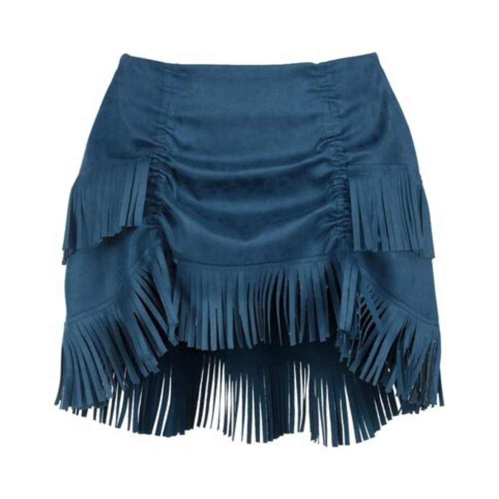 Blue Suede Ruched Bustle Skirt w/Fringe - Picture 1 of 4